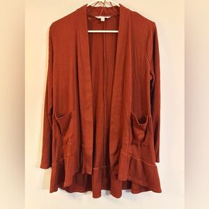 Lauren Conrad Large Rust Open Front Cardigan Sweater feminine ruffle